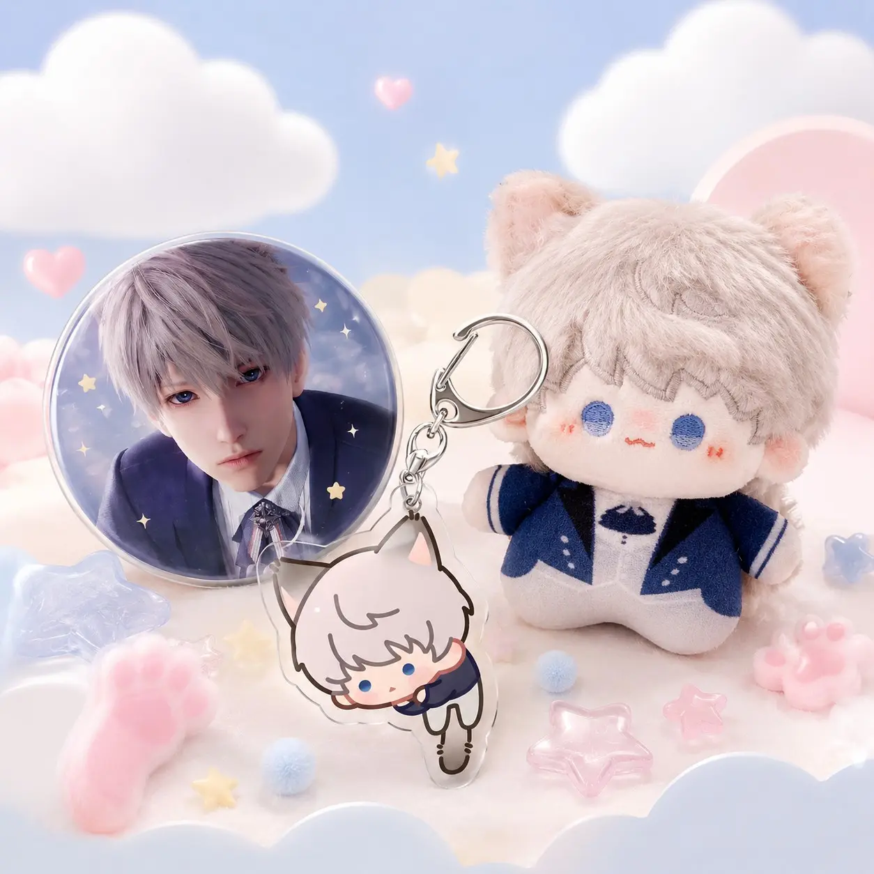 Love and deepspace plush doll three-piece set, Sylus/Zayne/Rafayel highly restored, The set includes a plush toy, a keychain, a badge, Stuffed animal keychain, Suitable for backpack accessories, clothing accessories, holiday gifts, animation collections