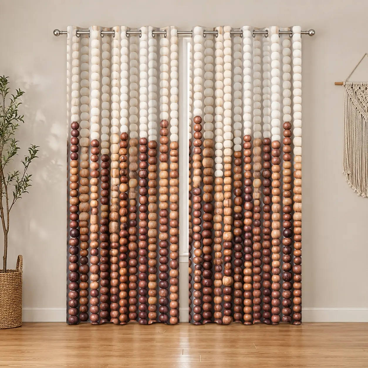 Art Deco Beaded Brown-Beige Polyester Rod-Pocket Curtains - Durable, Dustproof, Fade-Resistant, Anti-UV, Machine-Washable Printed Window Covers for Home Living Room Decor, Office Use
