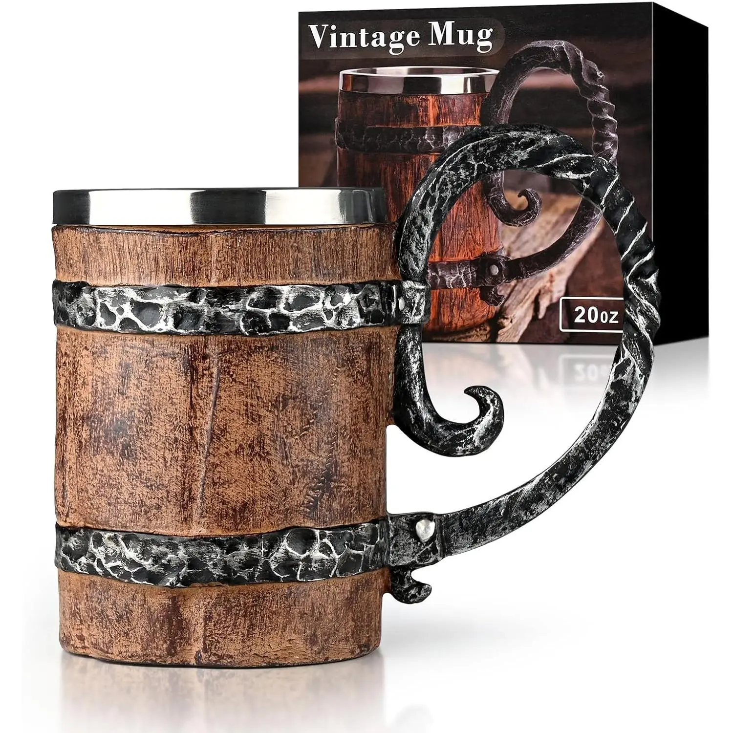 Mugs, 19 oz   Stein,  Wooden Barrel  Mug, Double Wall  Mugs for Freezer, Tankard Heavy Mug, Freezer  Mugs with Handles, Dishwasher Safe