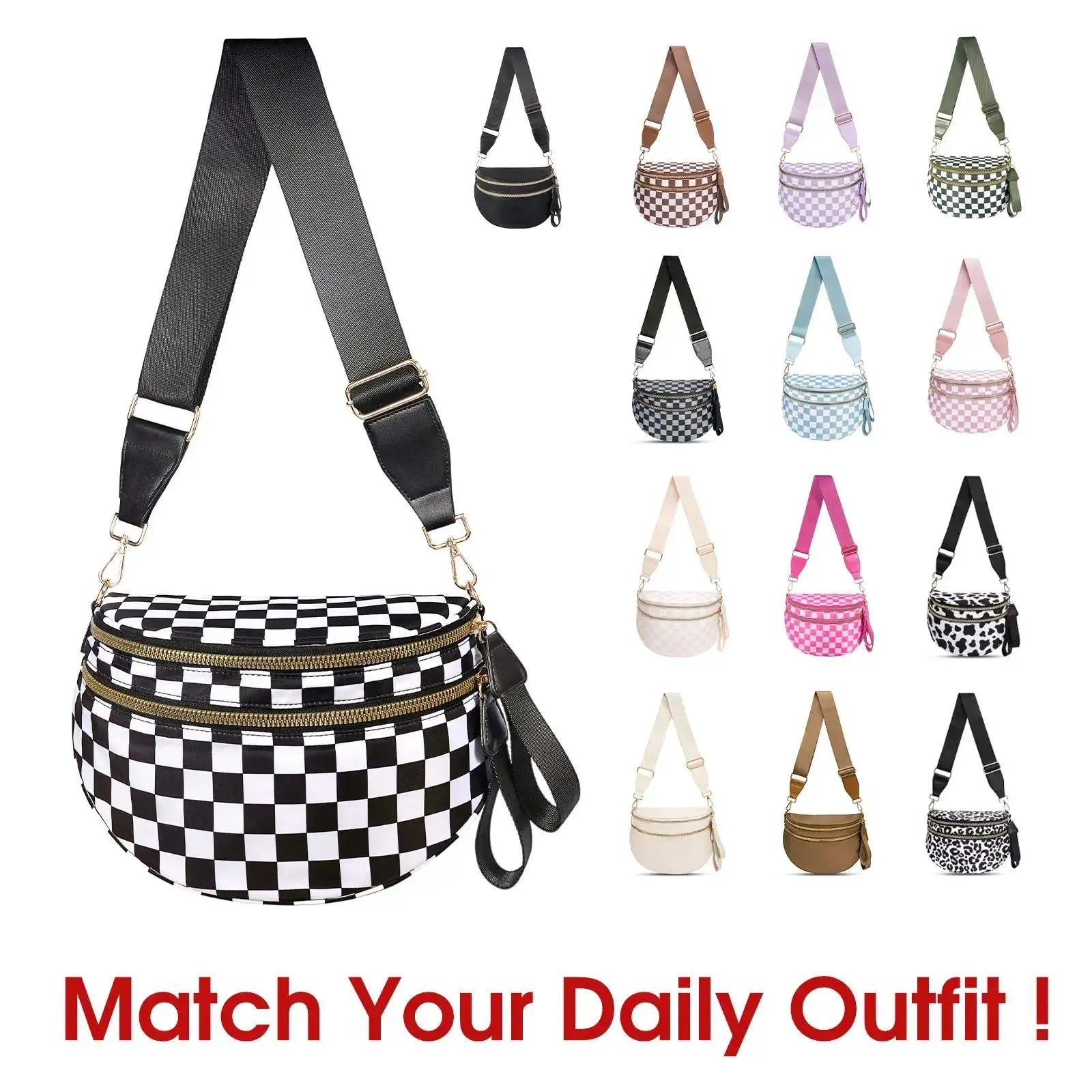 Checkered Nylon Bum Bag Plus Size Friendly Fanny Pack - Spacious Design for Essentials - Crossbody Belt Bags More Colors - Trendy Gift, Zipper, Foldable, WaterproofLumina Accent Co