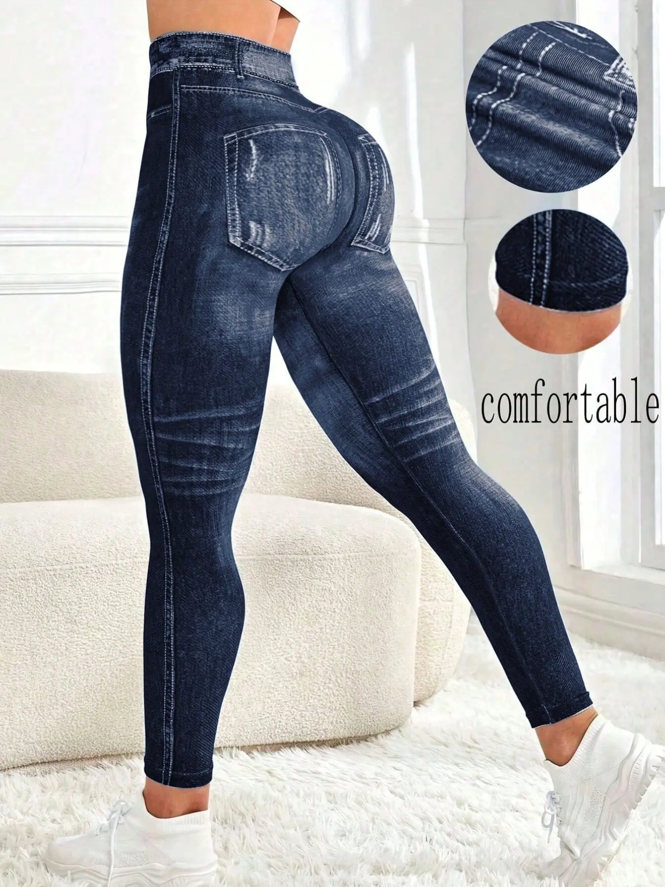 High-Waisted Denim Print Yoga Pants for Women, Shaping Belly Slimming, Stretchy Soft Knit, Breathable Waistband, Ideal for Fitness & Daily Wear