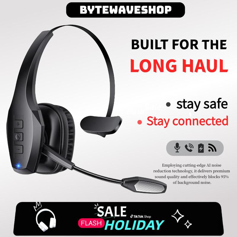 Bytewaveshop Trucker Bluetooth Headset, Wireless  with Mic,Bluetooth Headset with Dual Noise Cancelling Microphone & Mute Button, 55Hrs Working Time PC Headset for Cell Phones, Computer, Truck Driver Audio Headphone