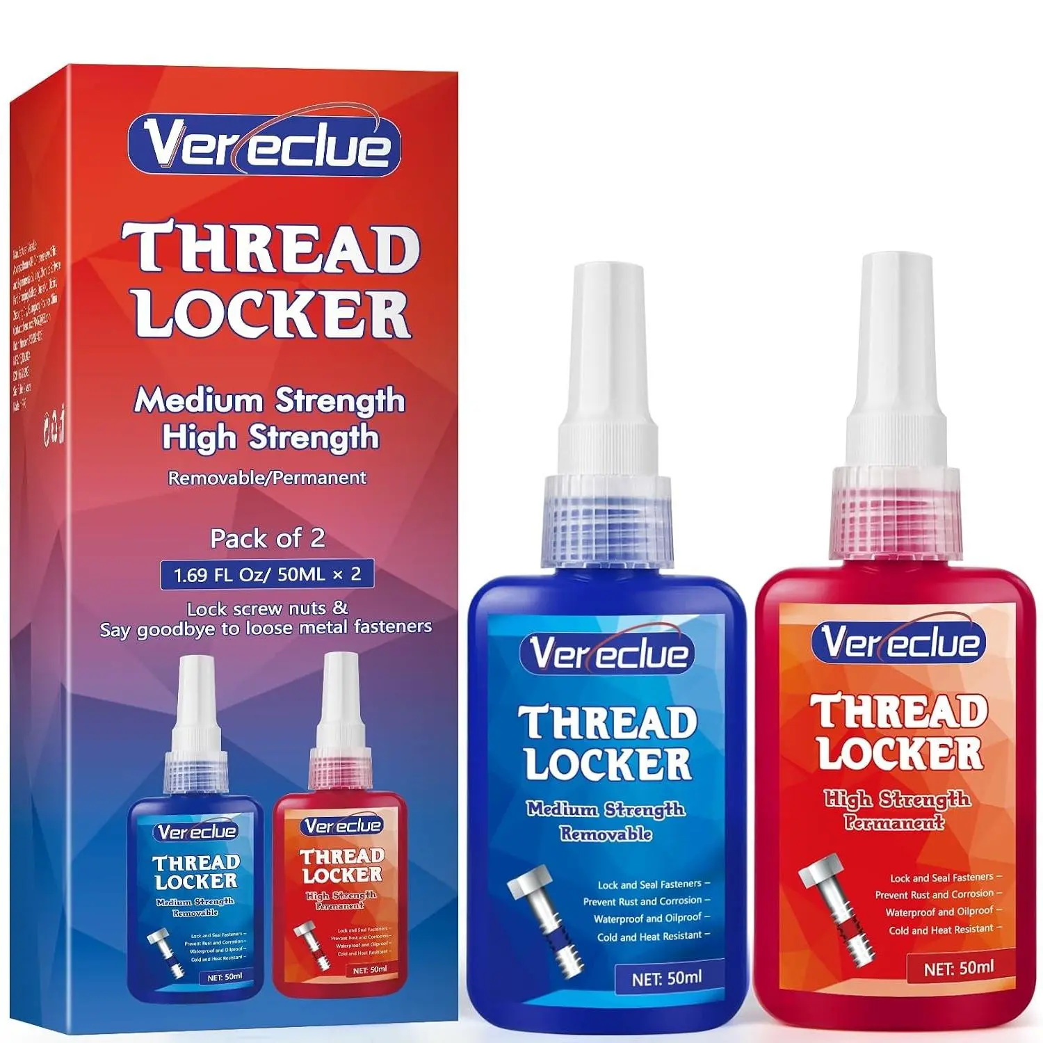 Thread Lock 50ml Blue and 50ml Red, Medium and Strong Strength Threadlocker, Fasteners Medium and High Strength Screw Compound to Prevent Loosening & Corrosion
