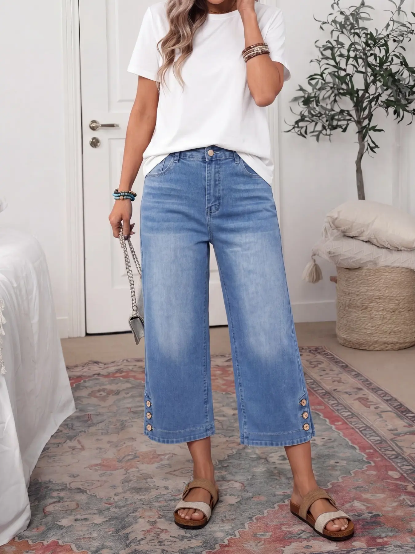 Women's Loose Fit Wide Leg Jeans, Casual Summer Capri Pants, Bohemian Style Bottom, Perfect for Concerts and Outdoor Activities