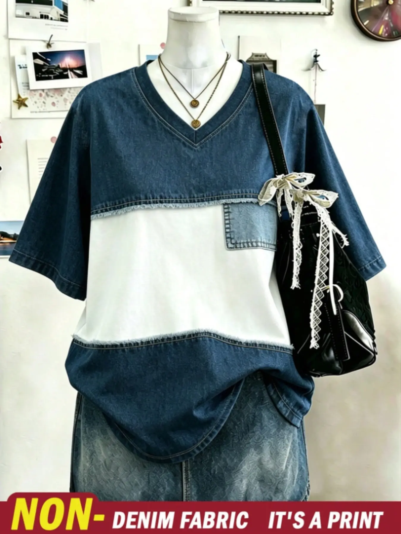 V Neck Denim Patchwork Digital Print Short Sleeve T-Shirt, Loose Fit Casual Top, All Seasons Women's Fashion, Unlined Comfortable Wear