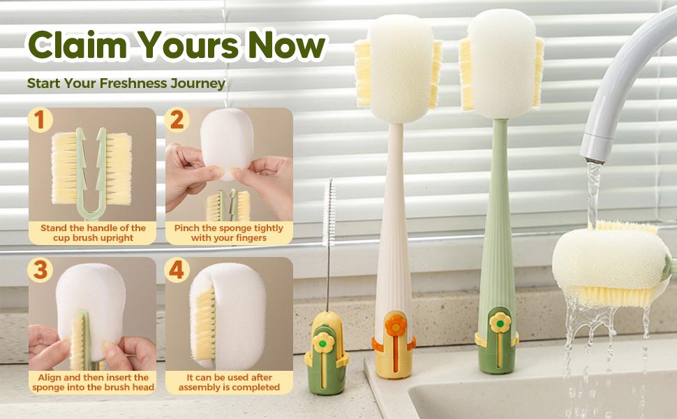5-in-1 Bottle & Straw Cleaning Brush – Multifunctional Tool for Bottles, Cups Portable Long Handle Bottles Scrubber for Cup Lids, Hard Bristle Sponge Head Bottle Brushes