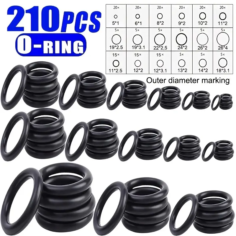 210 Pcs Rubber O-ring Seal Assortment, crafted from premium Heavy Duty wear-resistant synthetic rubber for long-lasting use. Featuring great elasticity and tight sealing performance, it effectively stops leaks. With flexible design and perfect fitting.