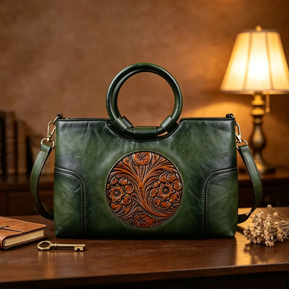 Women's retro embossed flower wreath handle handbag, retro gradient green artificial leather shoulder bag, traditional carved flower design, detachable and adjustable crossbody strap, suitable for daily commuting, travel and vacation gifts