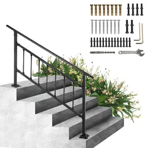 【DealsForYouDays】VEVOR Outdoor Stair Railing, Fits for 1-5 Steps Transitional Wrought Iron Handrail, Adjustable Exterior Stair Railing with Fence, Handrails for Concrete Steps with Installation Kit, Matte Black