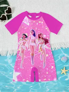 Girls' Kawaii Style Romper, Sweet Cool Starry Summer Short Sleeve Quick-Dry Swimwear, Beach Vacation Swimsuit