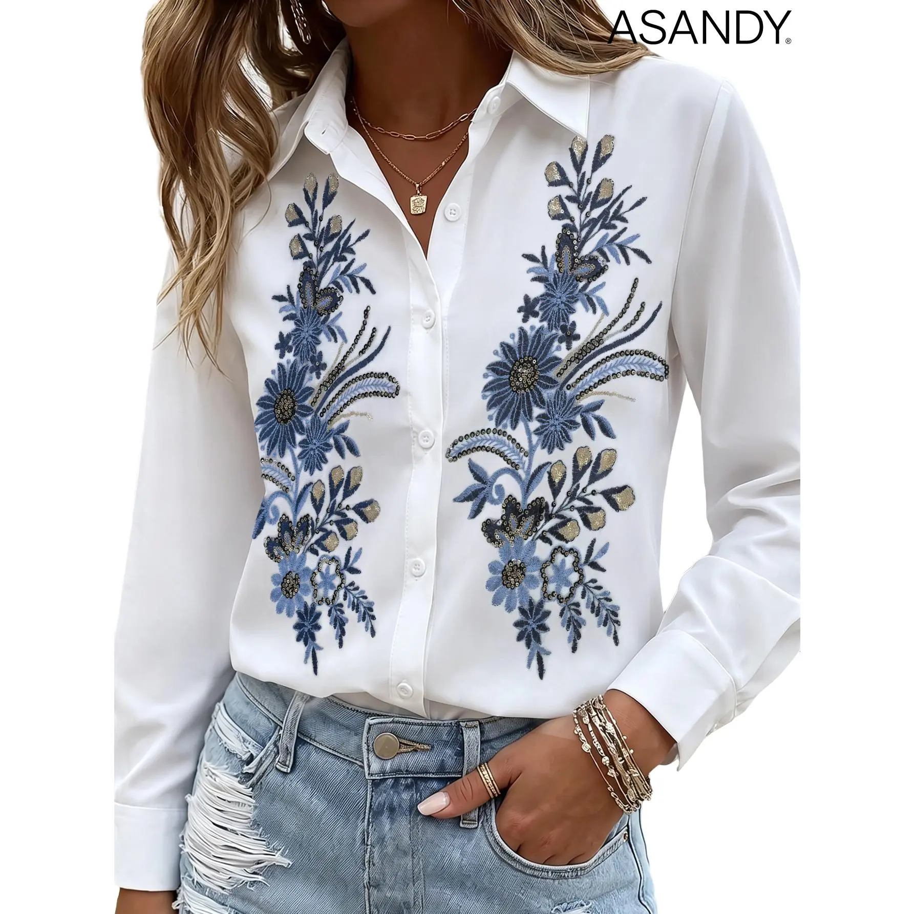 ASANDY Women's Polyester Blue Gold Sequin Floral Embellished Satin Blouse - Long-Sleeve Collared Rhinestone Button-Down, White Glossy, Elegance, 3D Tulle Feathers, All Seasons Office-Casual Statement Top, Soft Chic, Machine Washable