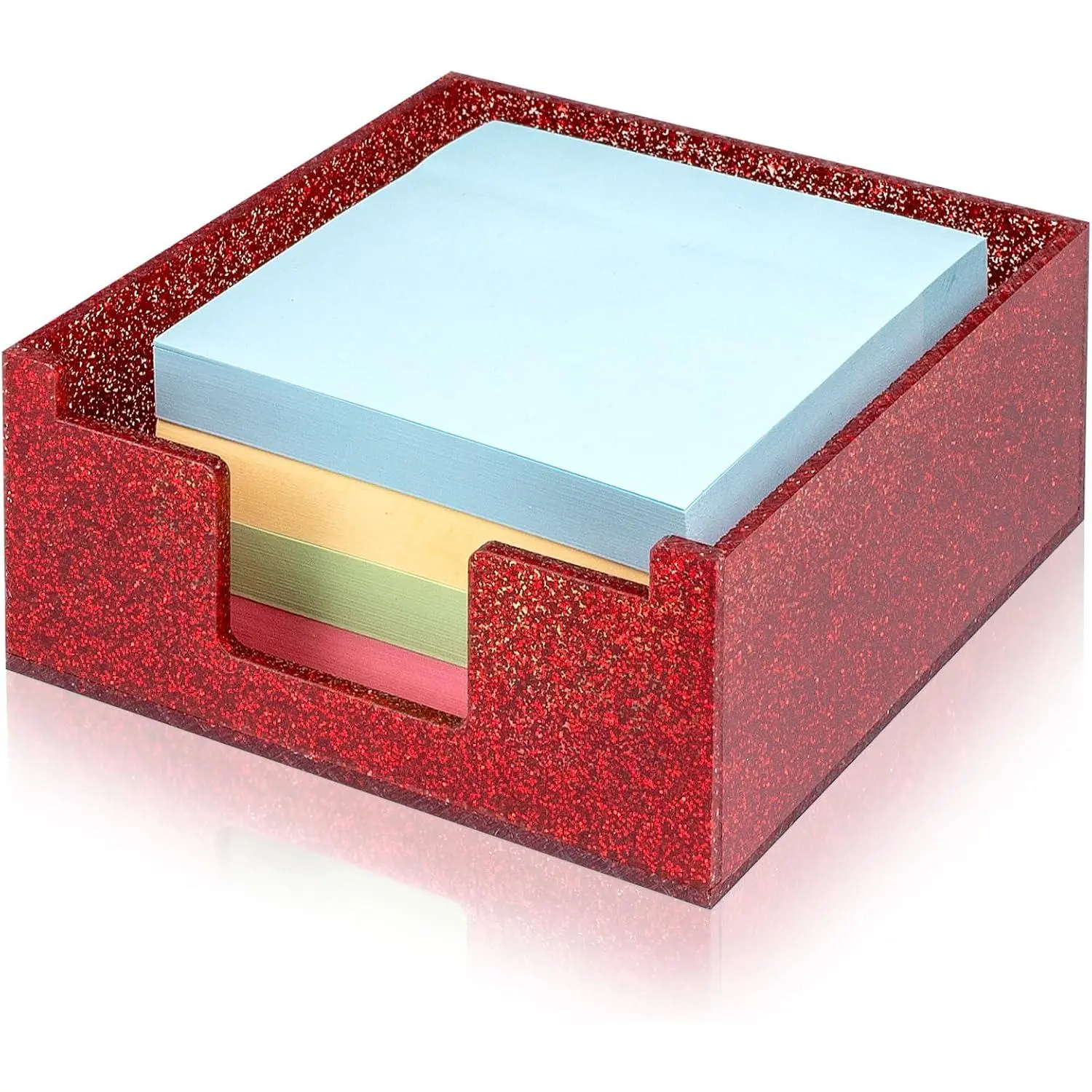 Red Sparkling Sticky Note Holder Glitter Acrylic Organizer 3.94 x 3.94 in Multi-Use Tray for Office School & Home Desk