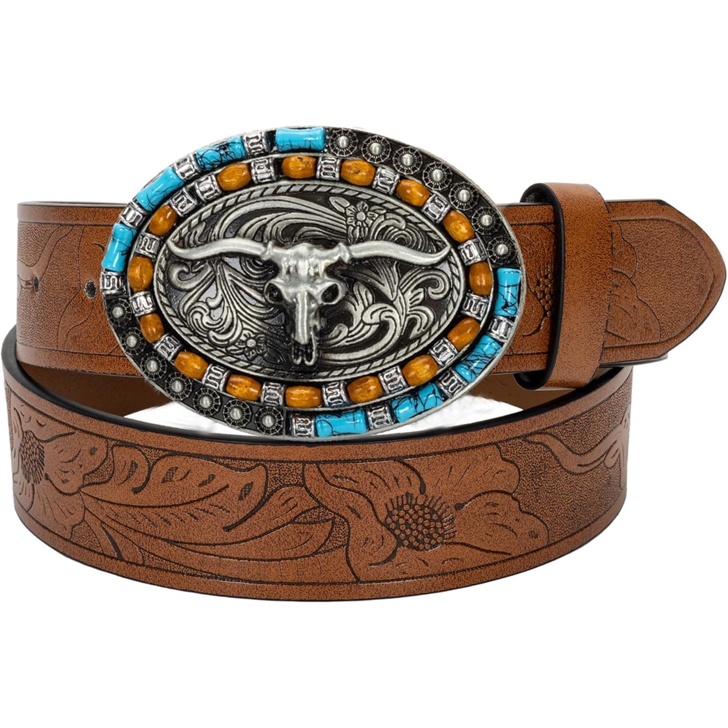 Women-Men Western Longhorn-Bull-Embossed Cowboy-Belt with Turquoise-Buckle 1.5" W Vintage Pu-Leather Cowgirl-Belt