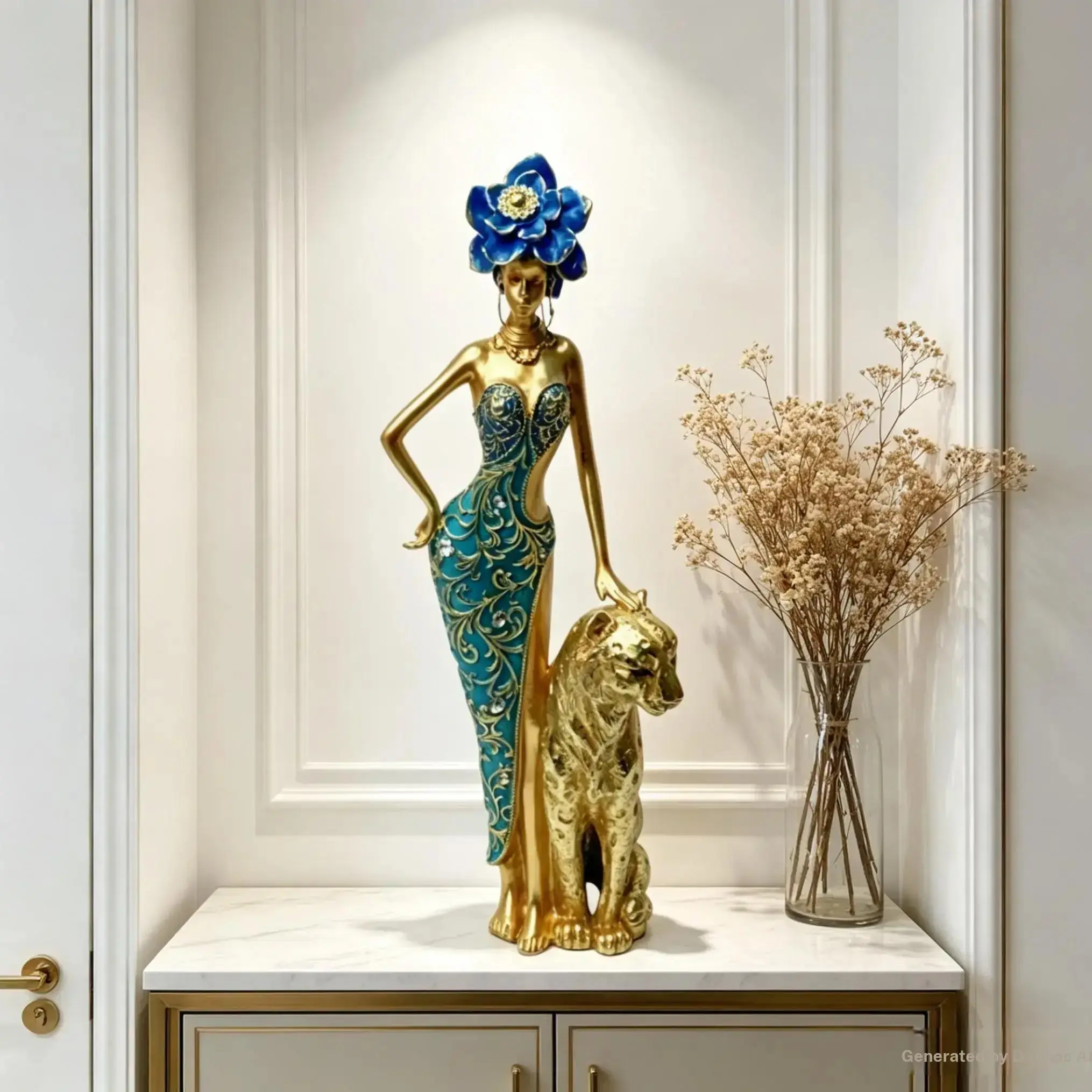 Luxury Blue Flower Gold Lady Resin Sculpture, Art Figurine, European Elegant African Woman Statue, Living Room Coffee Table Decor, Moving Gift Art Piece
