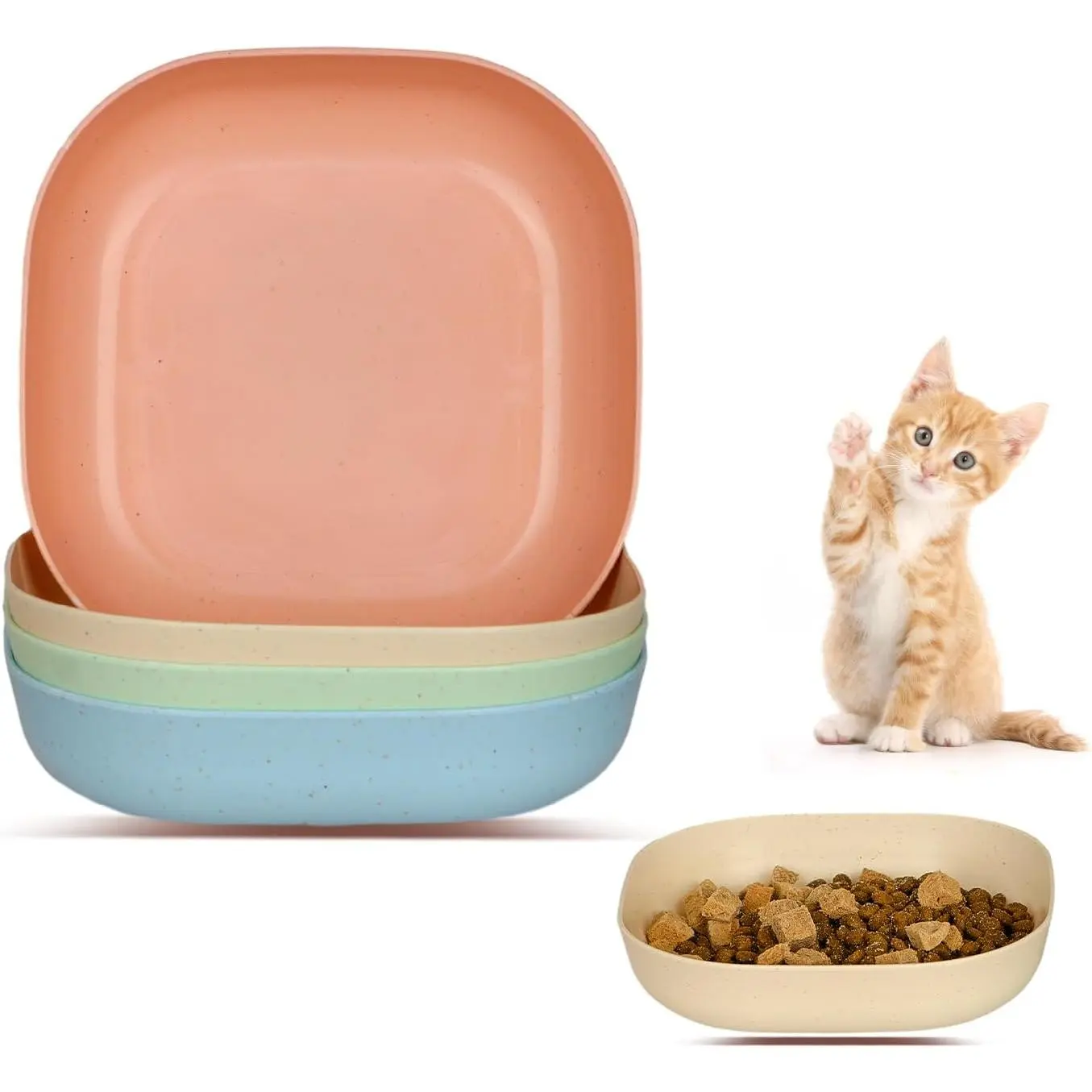 Bowl Set, 6 inch Wide Shallow  Bowl for   ,Small Flat Cats Dish, Shallow  Feeding Dish or Plate for Kittens and Small Dogs (4Pcs)