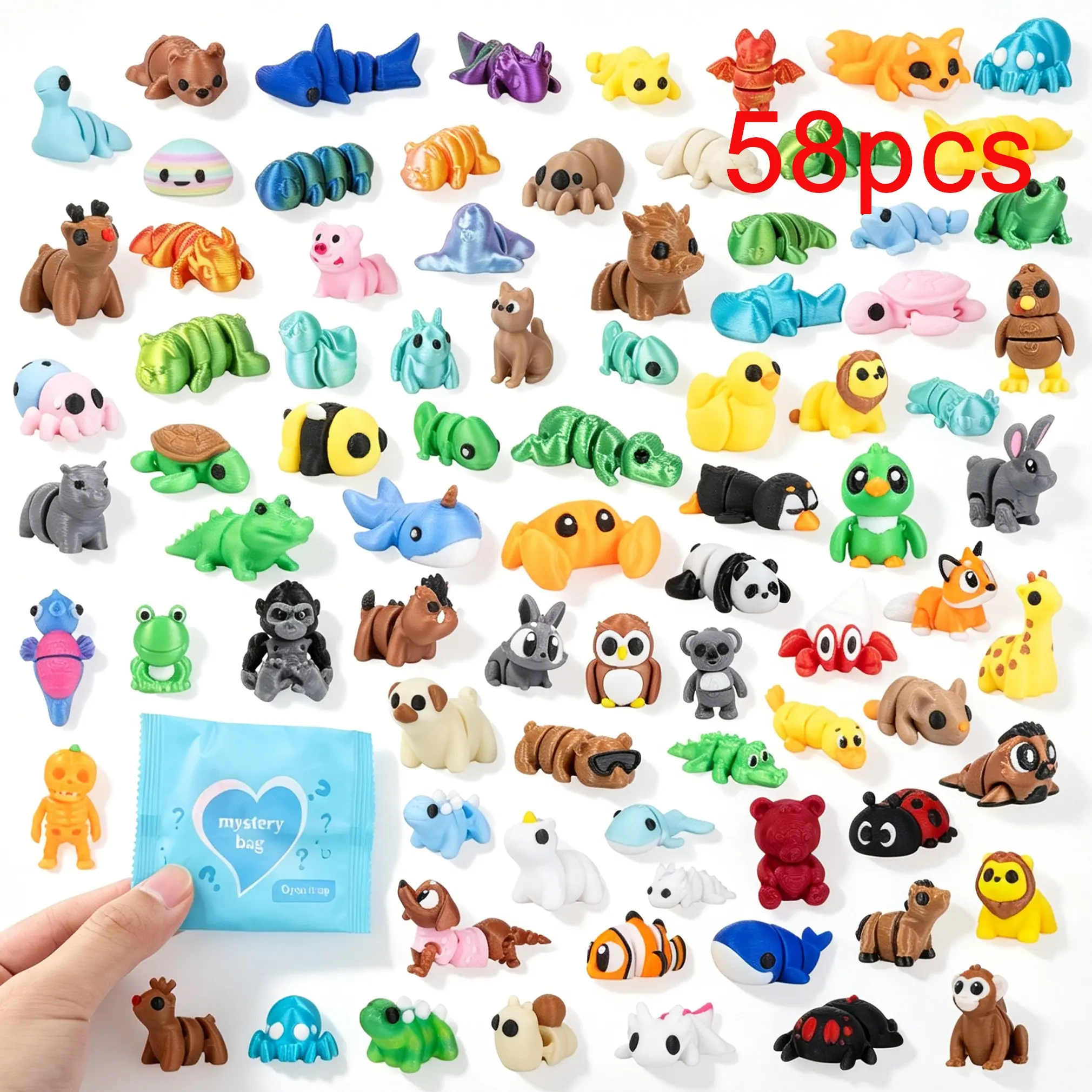 58 Mini Animal Statues, Cute Figurines, 3D Printed Blind Bag, Hinged, Party Gifts, Random Small Animals, Surprise Gifts, Desktop Decor, Classroom Rewards, Resin Sculptures