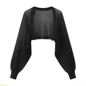 Lady's French Ice Silk Knitwear 5-Piece Garment Set - Basic Casual Long Sleeve Sun-Proof Summer Outfits Including Thin Jacket, Waistcoat, Suspender Skirt, Shawl, Top for Daily Wear
