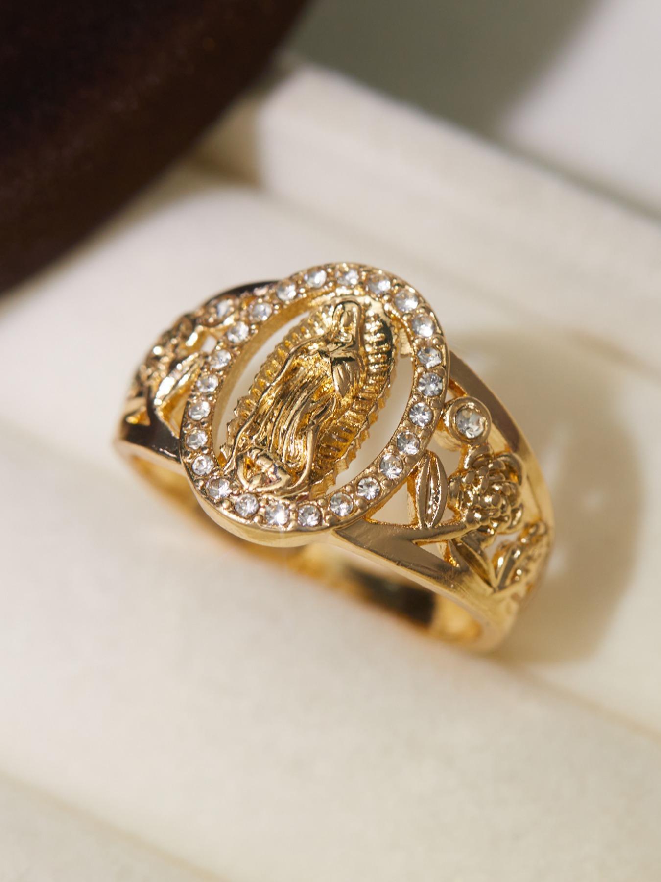 Unisex Punk Style Virgin Mary Design Ring, Rhinestone Decor Ring for Daily & Party Wear, Trendy All-match Vintage Jewelry for Birthday Gift, Statement Ring