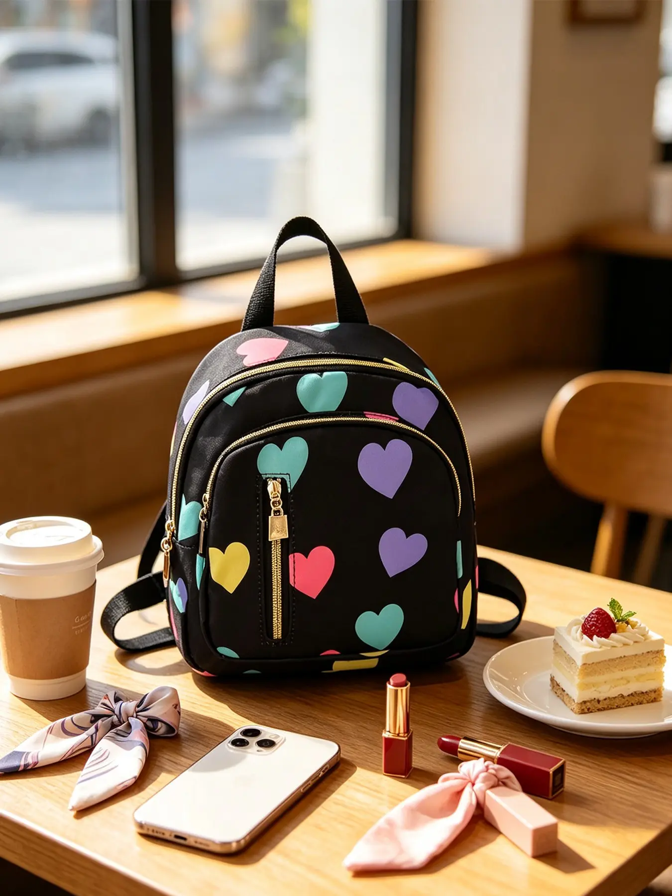 Colorful Heart Nylon Mini Backpack, Lightweight Waterproof, Large Capacity, Laptop Compartment, Ideal for Women, Office, Travel