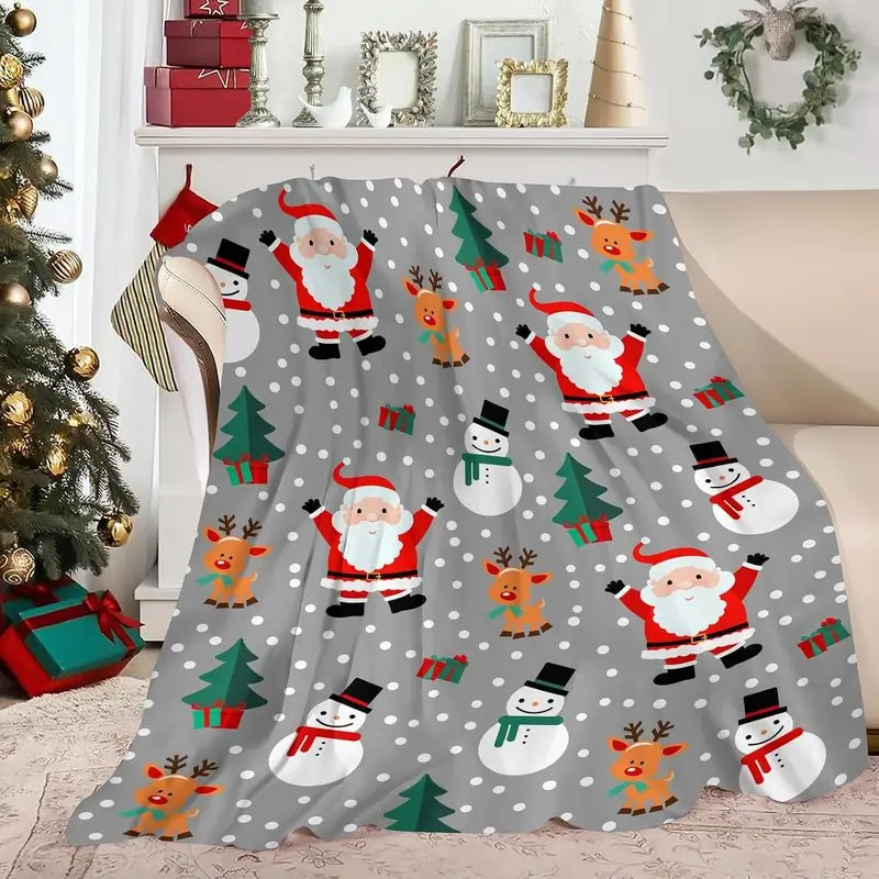 Christmas Throw Blanket Santa Claus Snowman Christmas Tree Flannel Throw Blankets Lightweight Soft Warm Cozy Bed Blanket for Couch Bed Sofa 60x50 Inch, Grey