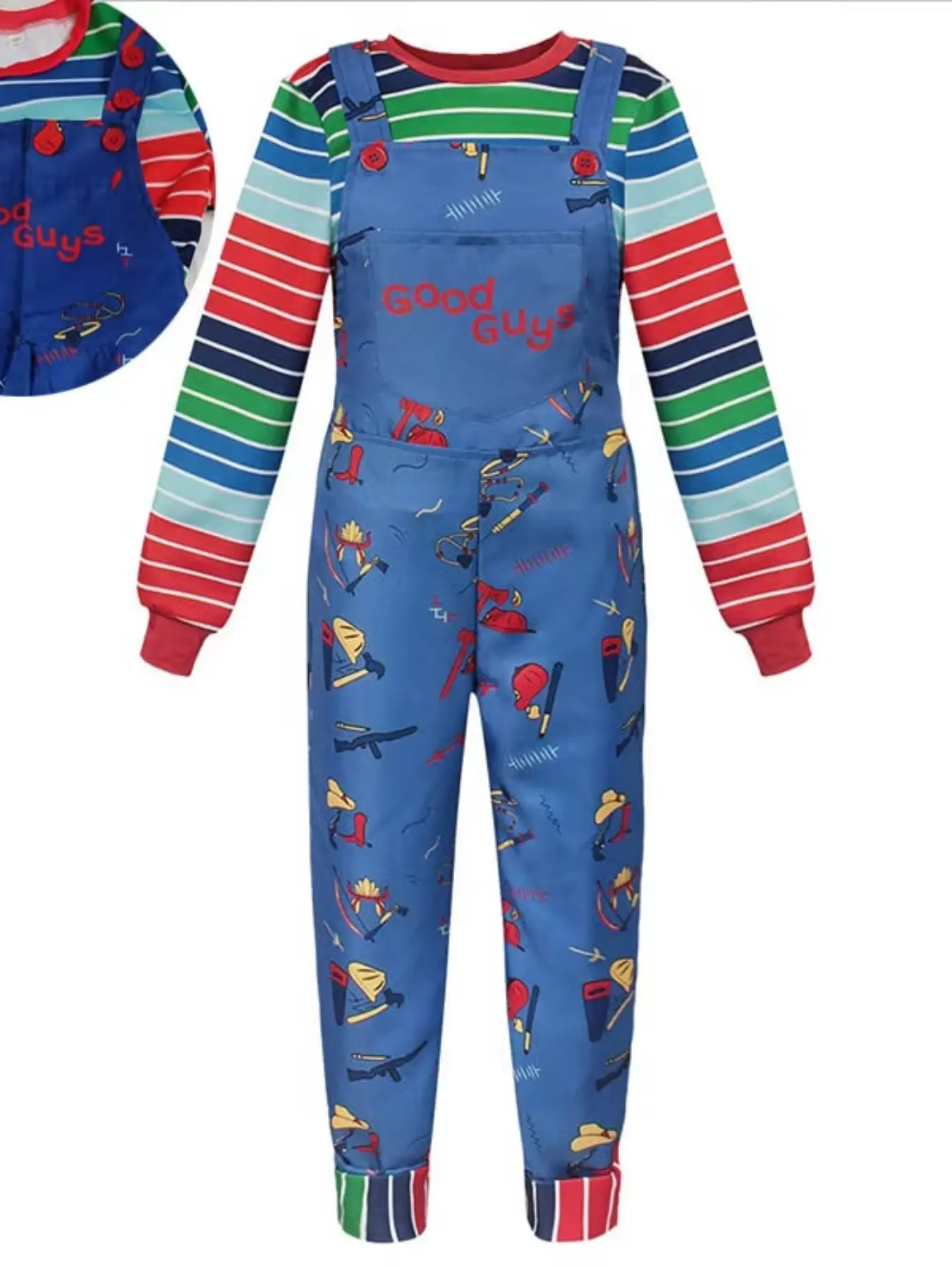 Adult Chucky Overalls Costume Good Guy Doll Horror Cosplay Outfit for Halloween Party Costume Striped Long Sleeve Shirt Set