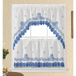 GOHD Lace Rosarium Curtains, 3PCS Farmhouse Curtains and Valances Set, Elegant White with Rose Embroidery and Lace.(Blue, Swag and 22 inches Set)