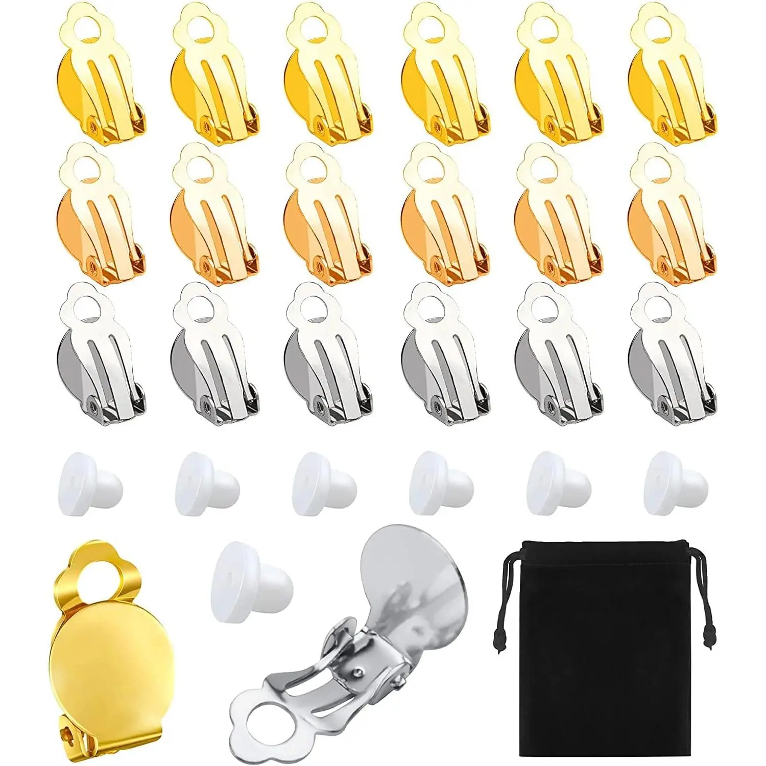 60- Round Flat  Earring Set: Non-Pierced Clip- Earring Findings with Pads in 3 Colors for DIY