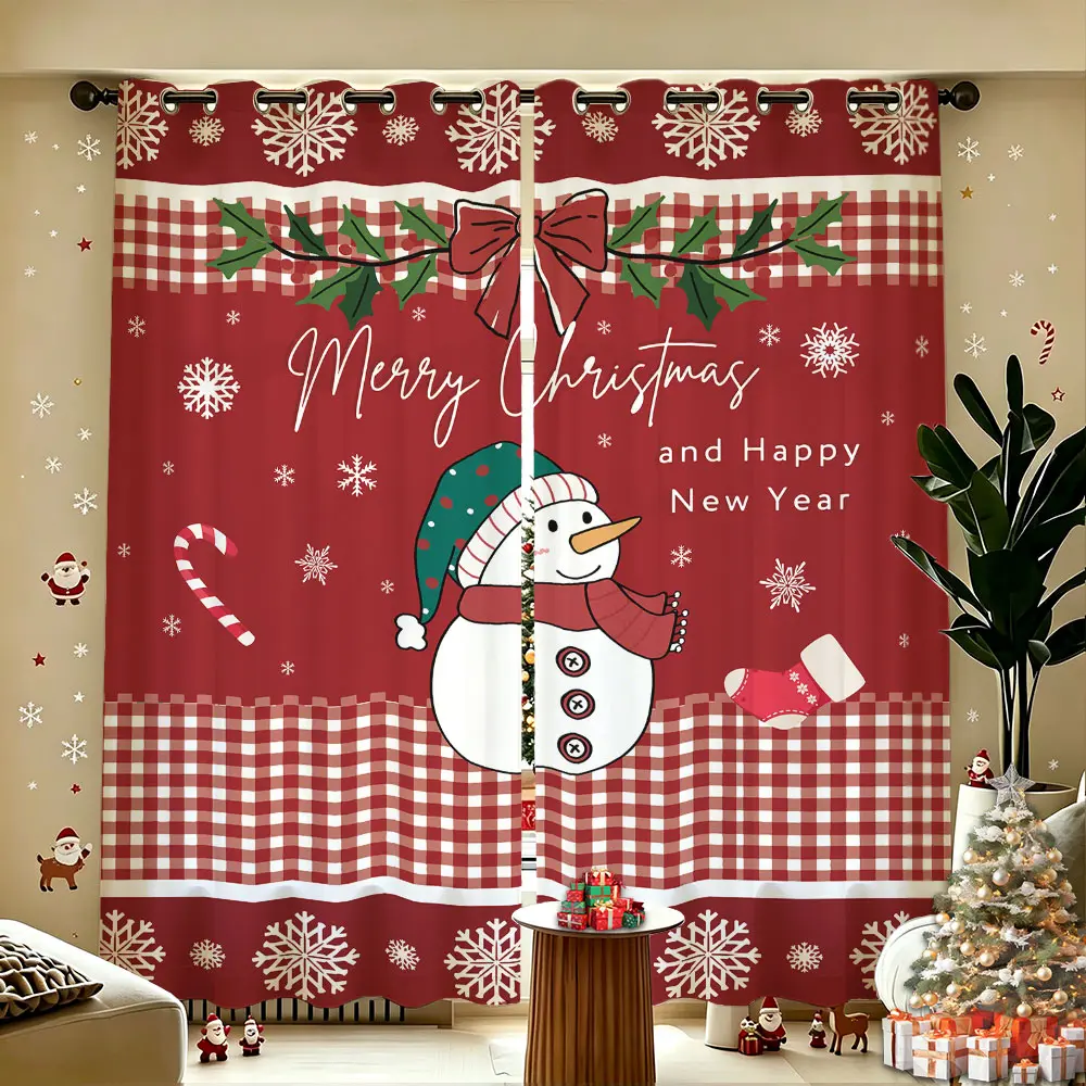 2 Panels 60-65% Blackout Window Curtains, Snowman Plaid Merry Christmas Print Light Blocking Drapes, Country Holiday Curtain for Living Room Decor