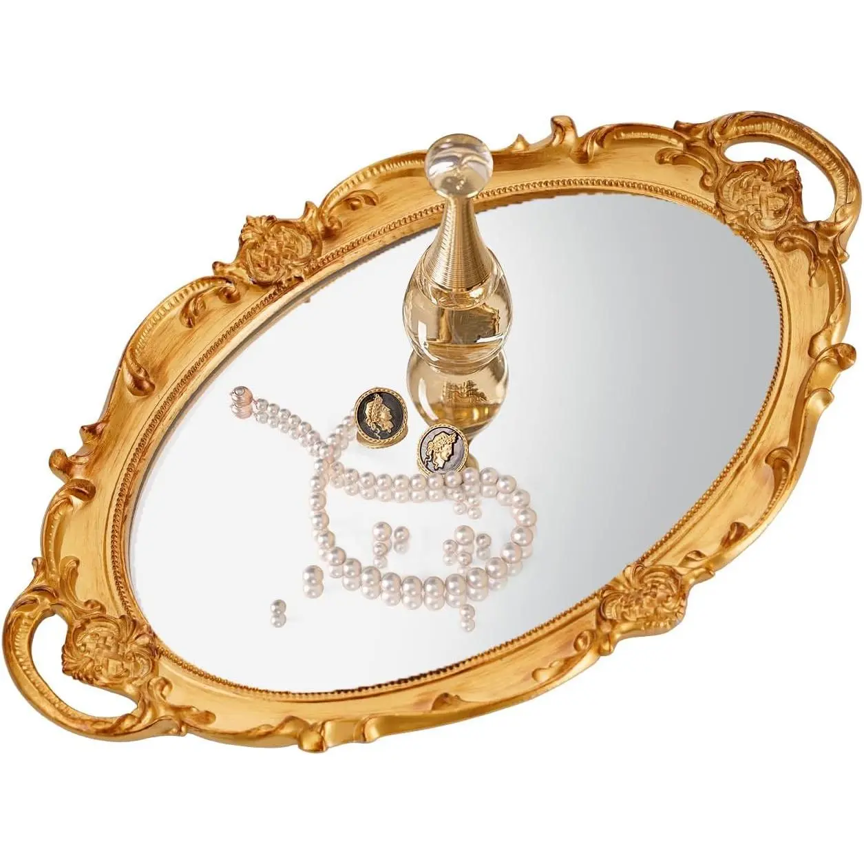 Vintage Gold Oval Mirror Vanity Tray Decorative Mirrored Glass Tray for Dresser Perfume Storage, Coquette Room Decor Bedroom Bathroom, Antique Serving Tray Makeup Organizer