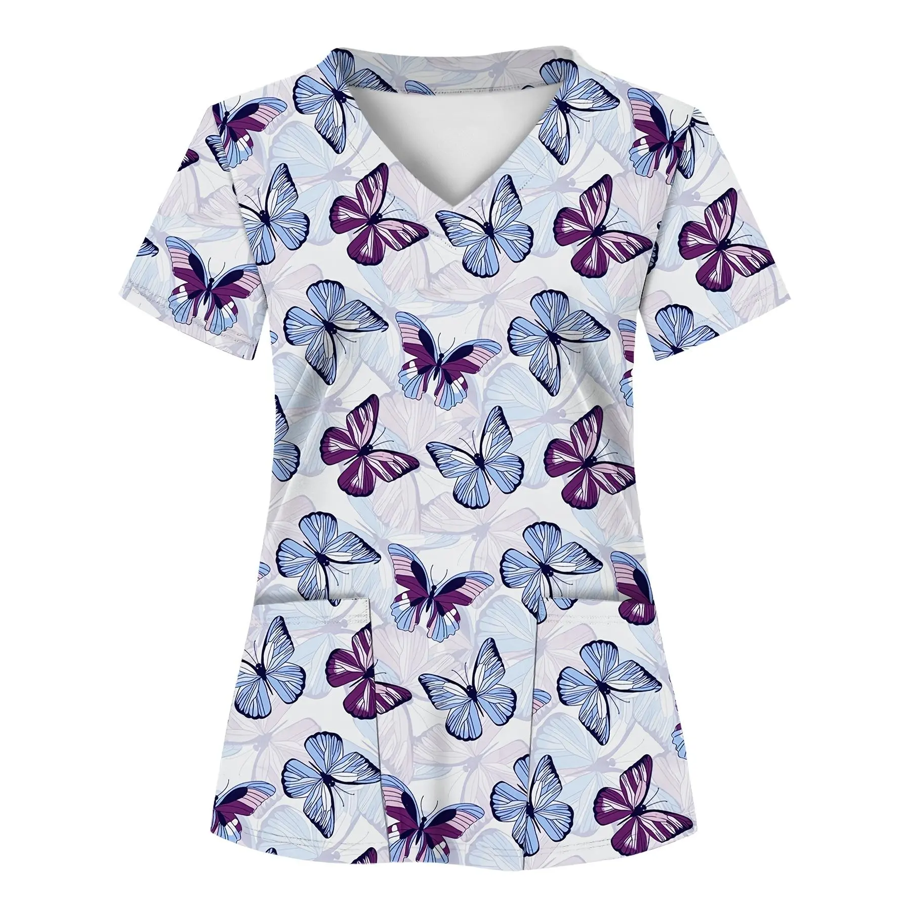 Full-body print, blue and red butterfly pattern, two-pocket Women's scrub top - soft, breathable, practical uniform suitable for hospitals, dental clinics, beauty salons, and institutions, nurse workwear