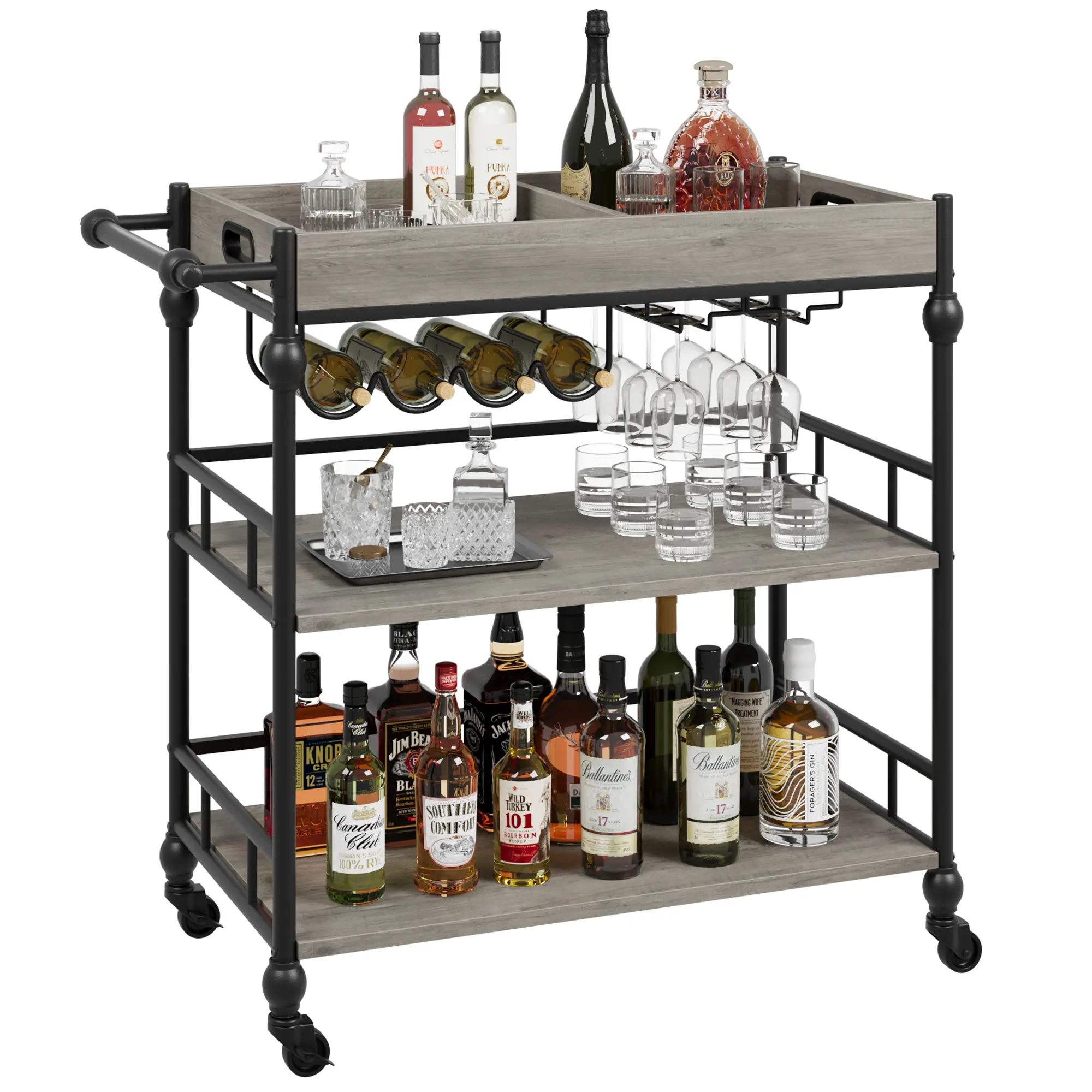 3-Tier Rolling Bar Cart with Wine Rack & Glass Holder, Mobile Kitchen Serving Cart for Home Bar, Dining Room & Apartment