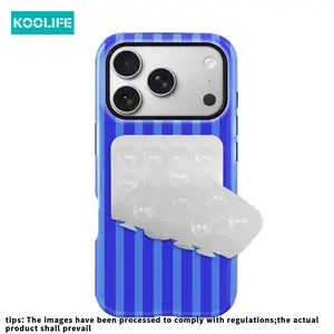 Koolife 2PCS Dark Blue Light Blue Striped Phone Case + Double-Sided Suction Cup Mount Glossy Hard PC+TPU Shockproof, Protective Cover Aesthetic Compatible with iPhone 17 17Pro 17ProMax 16 15 14 13 12 11 7 8 7Plus 8Plus XR X XS XS Max Pro Max Plus