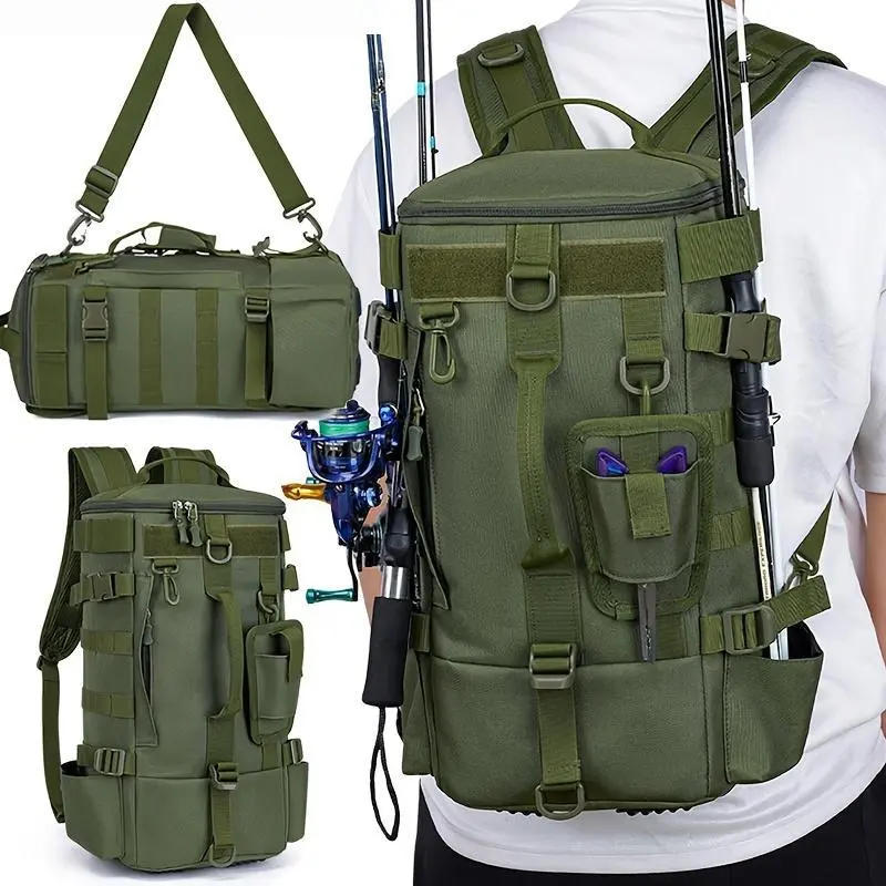 Tactical Backpack, Solid Water-Resistant Tackle Bag with Holder for Rods, Multifunctional Organizer for Hiking Gear Supplies, Fishing Gear Supplies