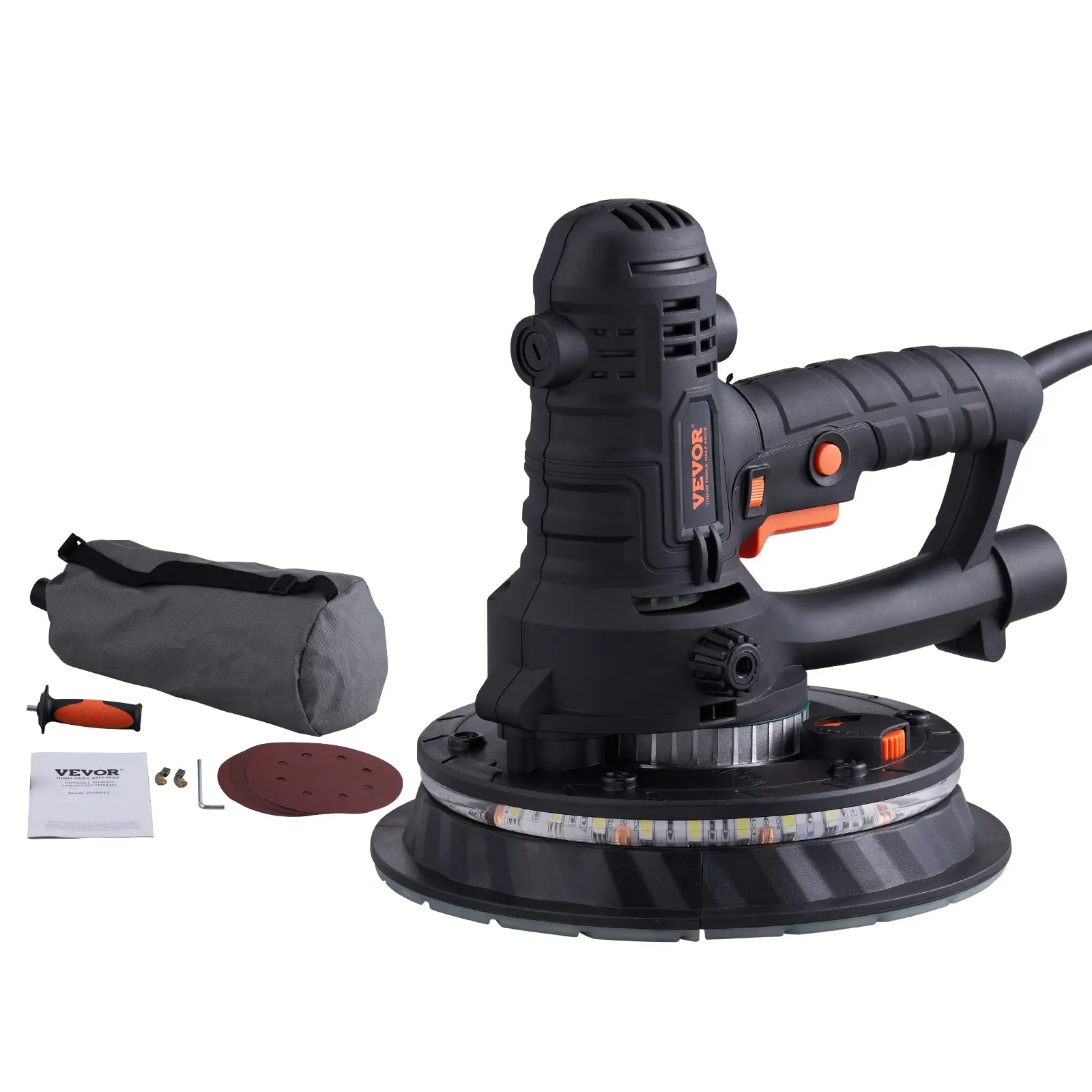 【Summerfinds】VEVOR Electric Drywall Vacuum Sander Tool Kits, 800W 120V/60Hz, 1200-2300 RPM Speed Adjustment, 12 Sanding Discs, Automatic Dust Collection, Dust Bag, Double LED Strips, Rubber Handle, Detachable Edge, 13.1ft/4m Reach, 5.1lbs/2.3kg, 12.0x9.2x