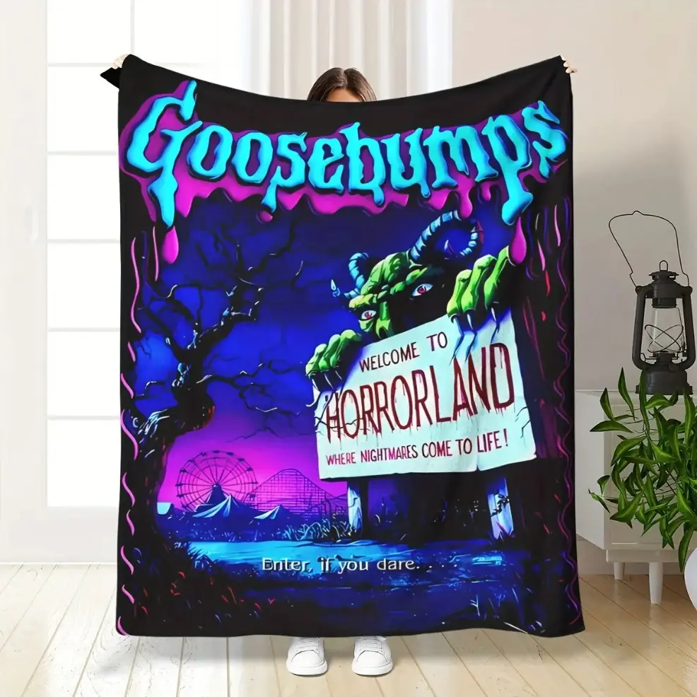 Goosebumps  Spooky Vintage Horror Theme Park Monster Cartoon Graphic Flannel Throw Blanket, Baby Blankets and Adult Blankets, Hypoallergenic Machine Washable Digital Printed Polyester Blanket, Four Seasons Multipurpose Cozy Nap Cover For Office, Sofa, Bed
