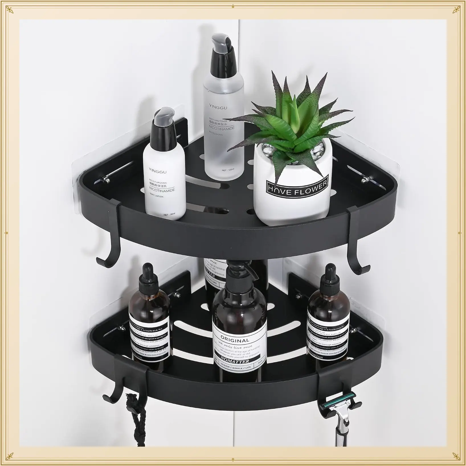2 Pack Adhesive Corner Shower Caddy with Hooks, Black - No Drilling Rustproof Aluminum Shower Shelf Organizer for Inside Shower, Bathroom StorageGift