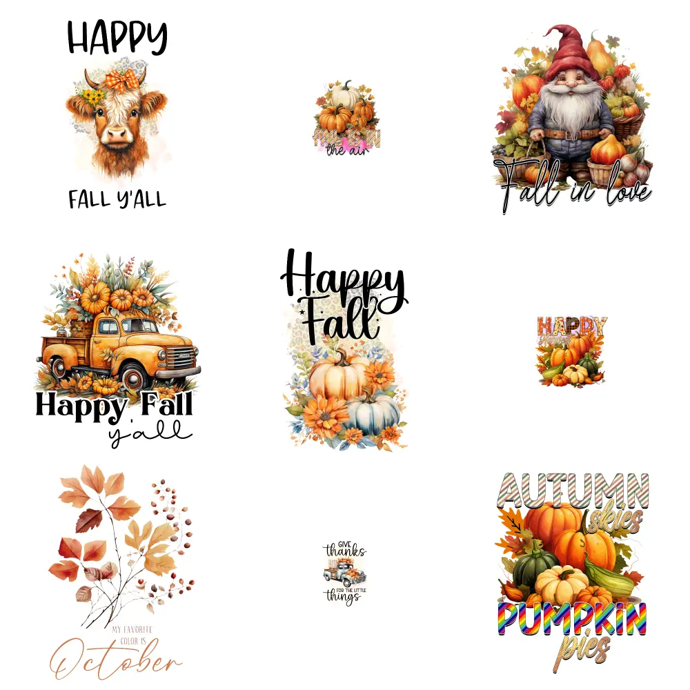 9 Pcs Happy Fall Fall Yall In The Air Fall In Love Happy Fall Yall Happy Fall Happy Fall October Leaves Give Thanks For All Things Autumn Vibes Pumpkin Vibes Iron on Transfers Press Washable Stickers Transfers Sticker On Clothes DTF Transfers Ready