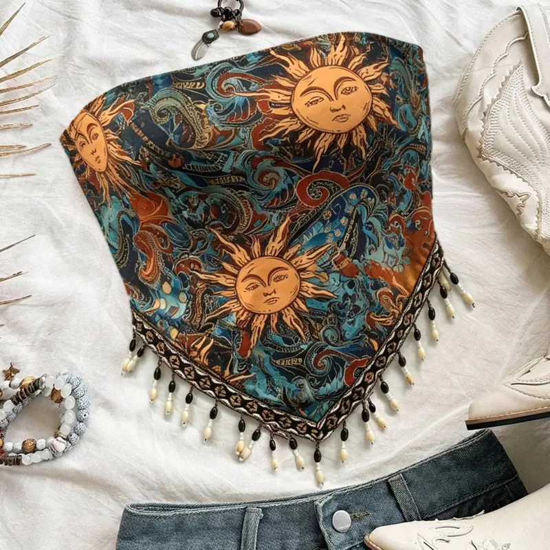 Women's Vacation Knit Print Beaded Halter Top, Chic, Perfect for Parties, Afternoon Tea, Bohemian Style, all seasons Wear