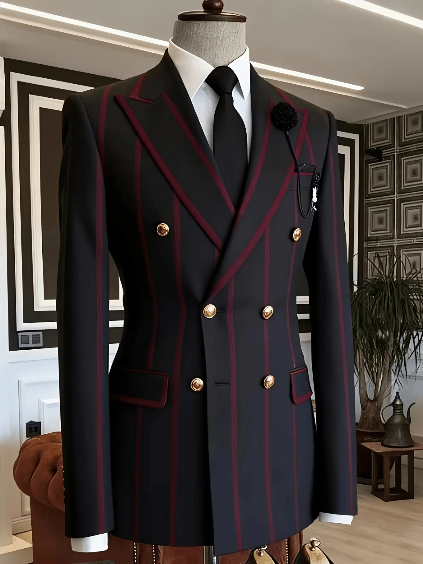 Ainwear Plus Size Men's Dark- Striped Blazer Jacket, Double-Breasted Formal Outerwear, Loose-Fit Casual Style for All Seasons