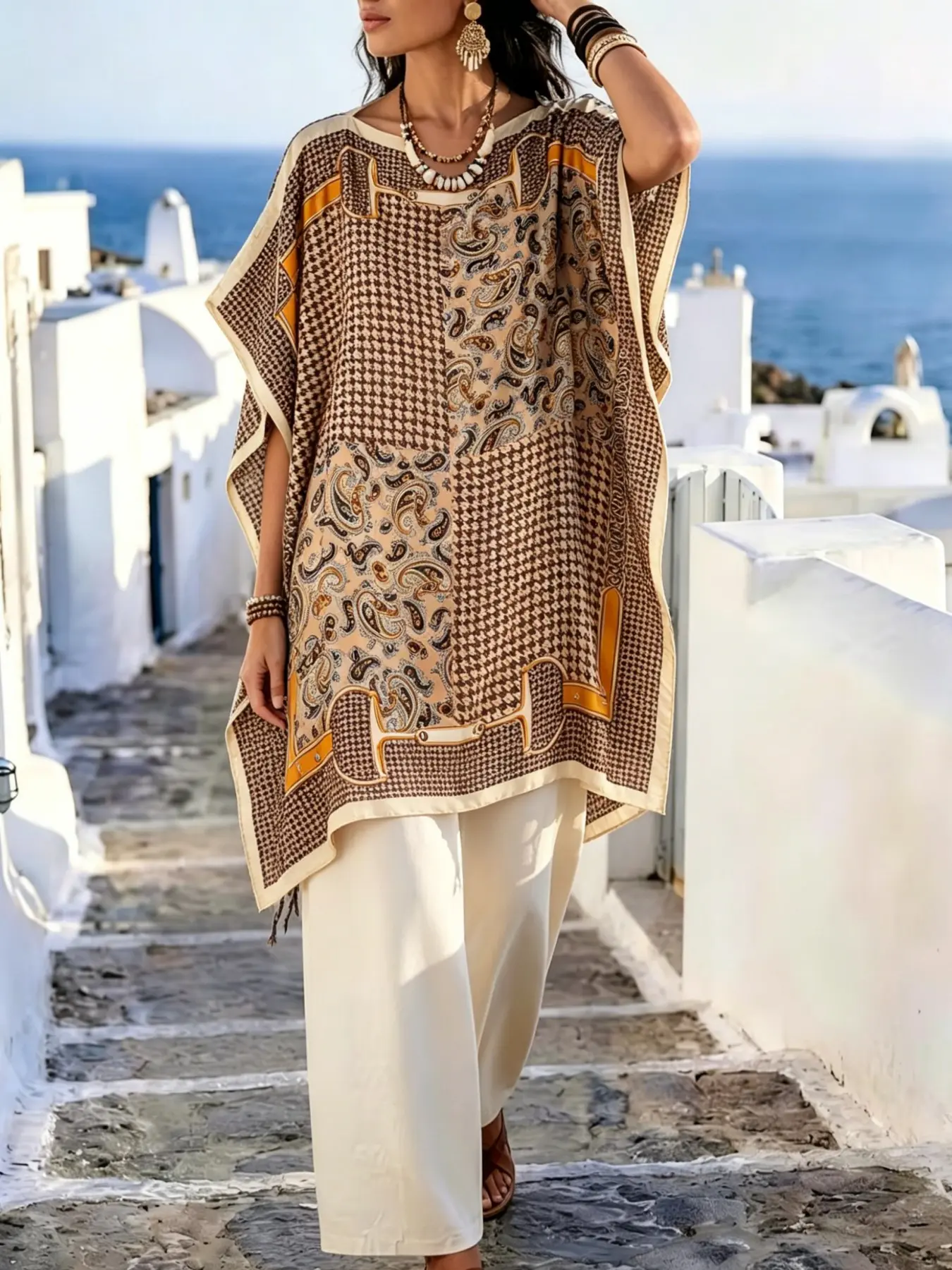 Elegant Women's Houndstooth Print Casual Loose-Fit Medium-Length Pullover, Perfect for Vacation, Travel, Home, Daily Wear, One Size