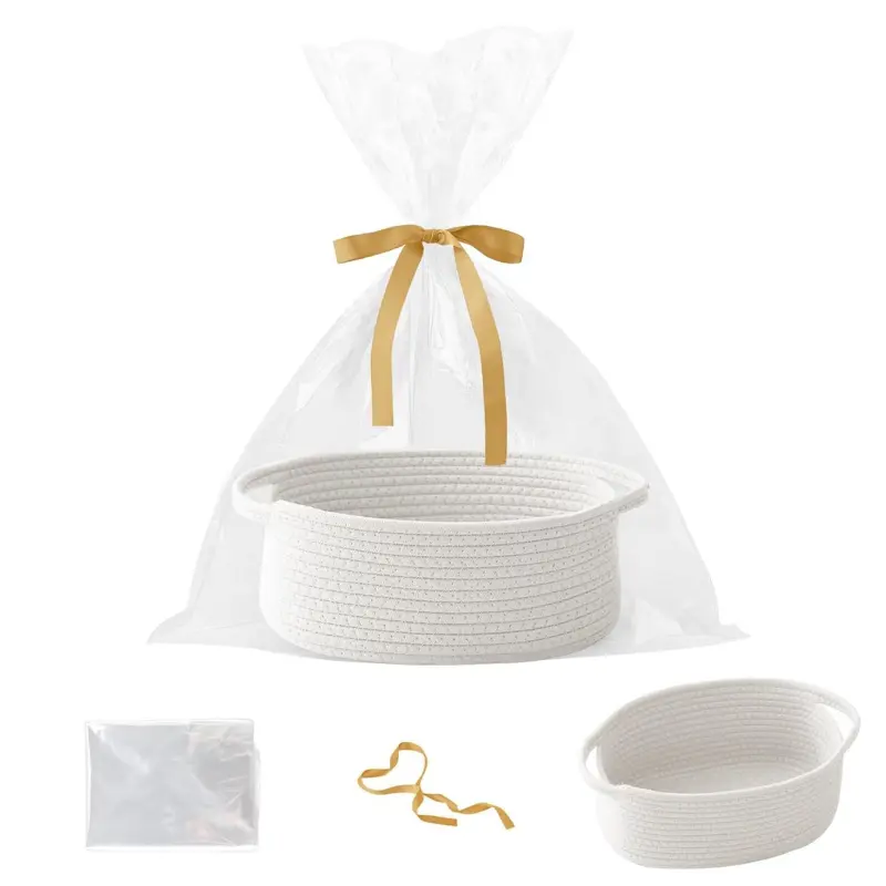 White Small Woven Rope Basket - Empty Gift Basket with Bag and Ribbons, Cute Handle Home Organizer Box for Birthday, Toy Storage, Room Accessories