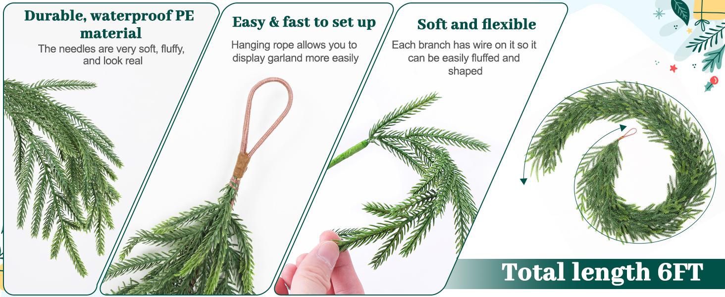 【On Sale】12pcs 6ft Christmas Norfolk Pine Garland, Real Touch Faux Green Garlands for Mantle, Table, Stairs, Fireplace, Indoor & Outdoor Xmas Decorations(2/4/6/8/10pc Avaiable)