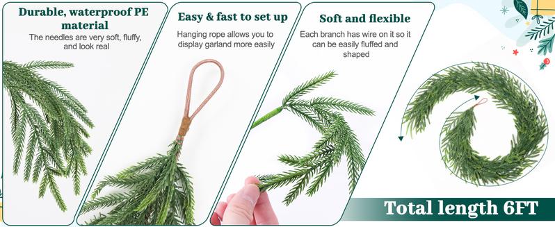 2/4/6Pcs 6FT Christmas Norfolk Pine Garland, Real Touch Faux Green Garlands, Winter Artificial Greenery Garland for Mantle, Table, Stairs, Fireplace, Indoor & Outdoor Xmas Decorations pinegarland