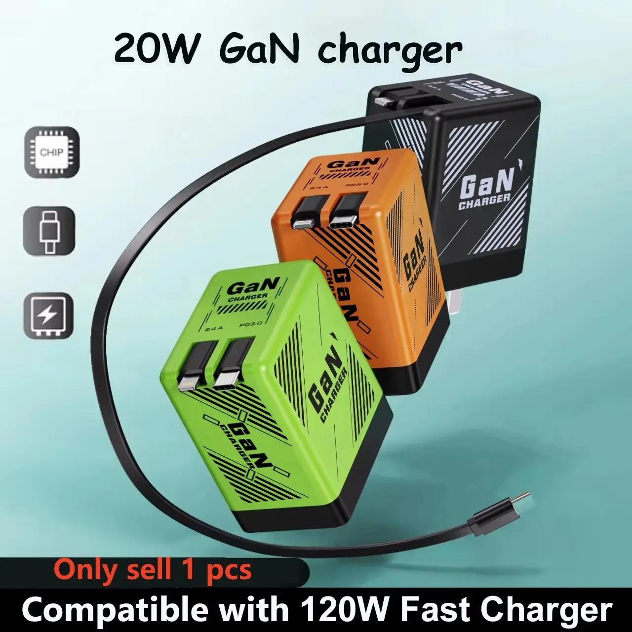SIFOX 20W GAN Fast Charger - Type-C + Lightning Dual-Port Extendable Cable 80CM, Supports PD3.0 Fast Charging Protocol, USB PD Charging, Suitable for Android/iOS Smartphones, Tablets, Game Consoles, Watches