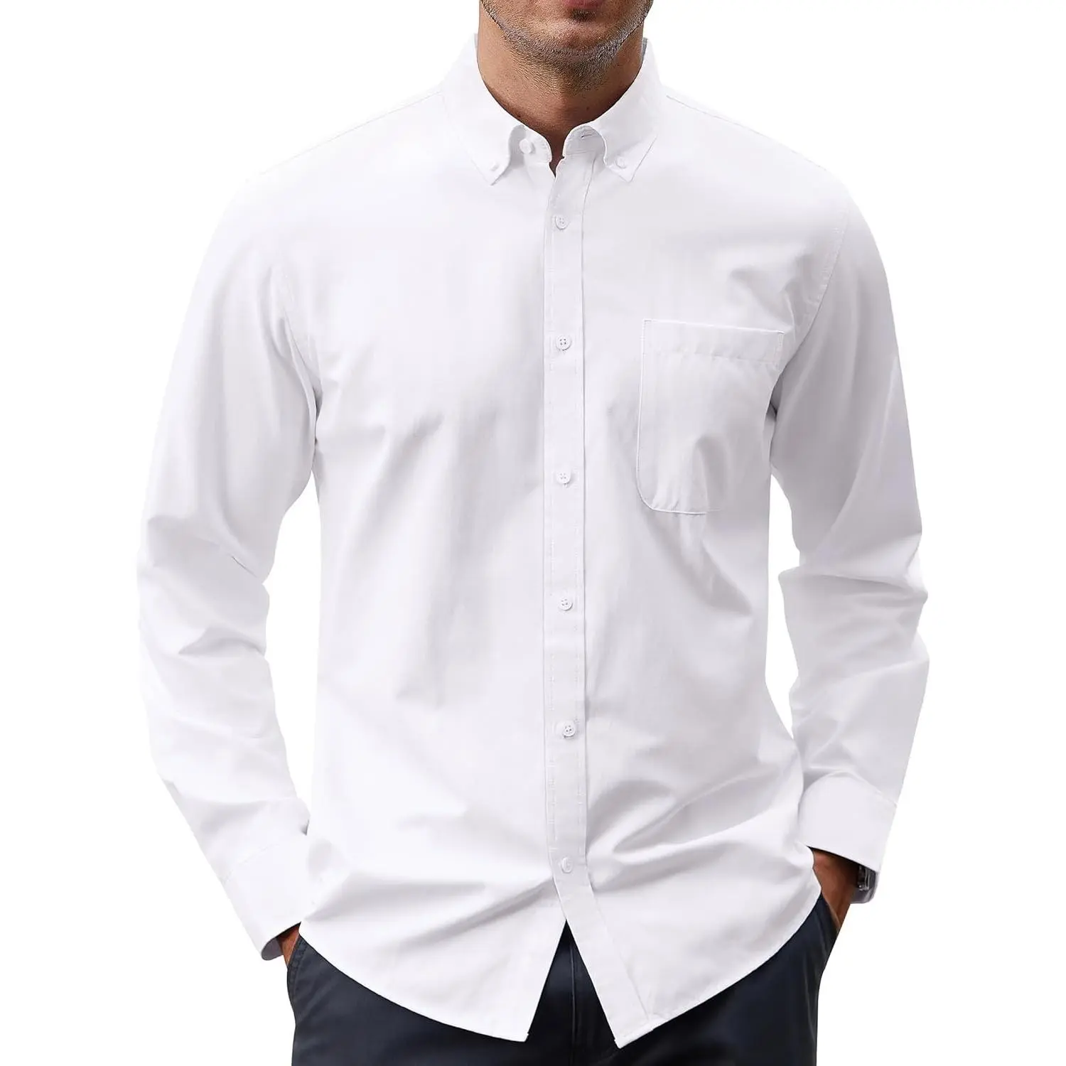 Men's Oxford Shirt Solid Casual Button Down Collar Shirts Long Sleeve Dress Shirts with Pocket
