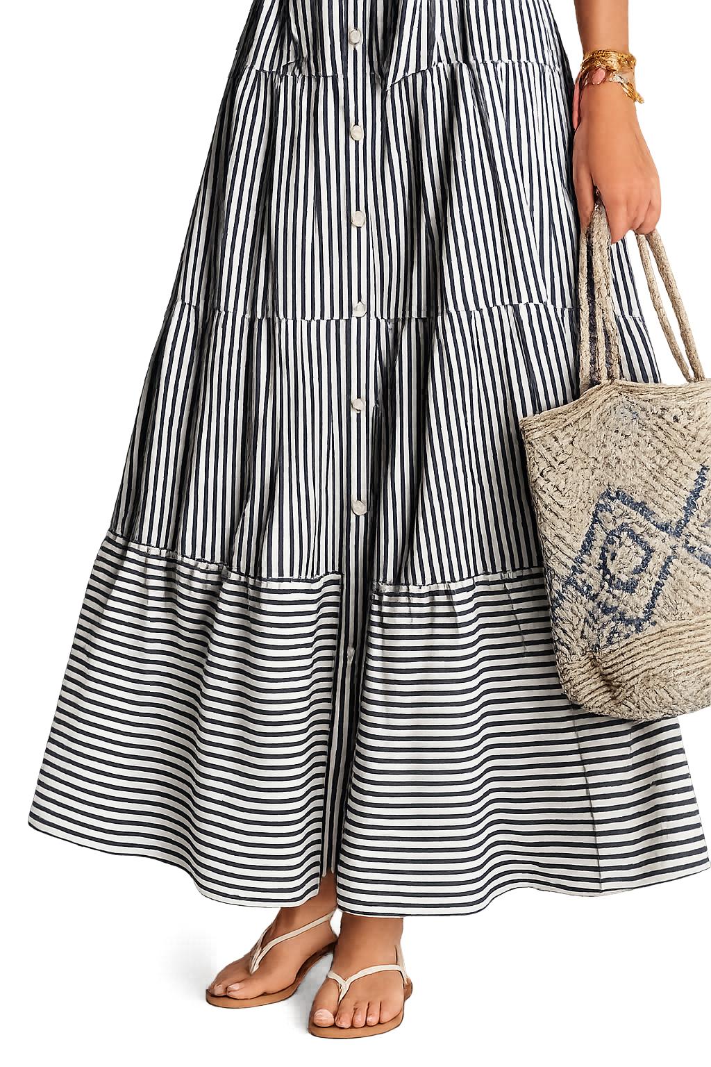 2026 Summer New French-style Dress Collar Striped Color Block Waist Tie Short Sleeve Long Dress Business Casual