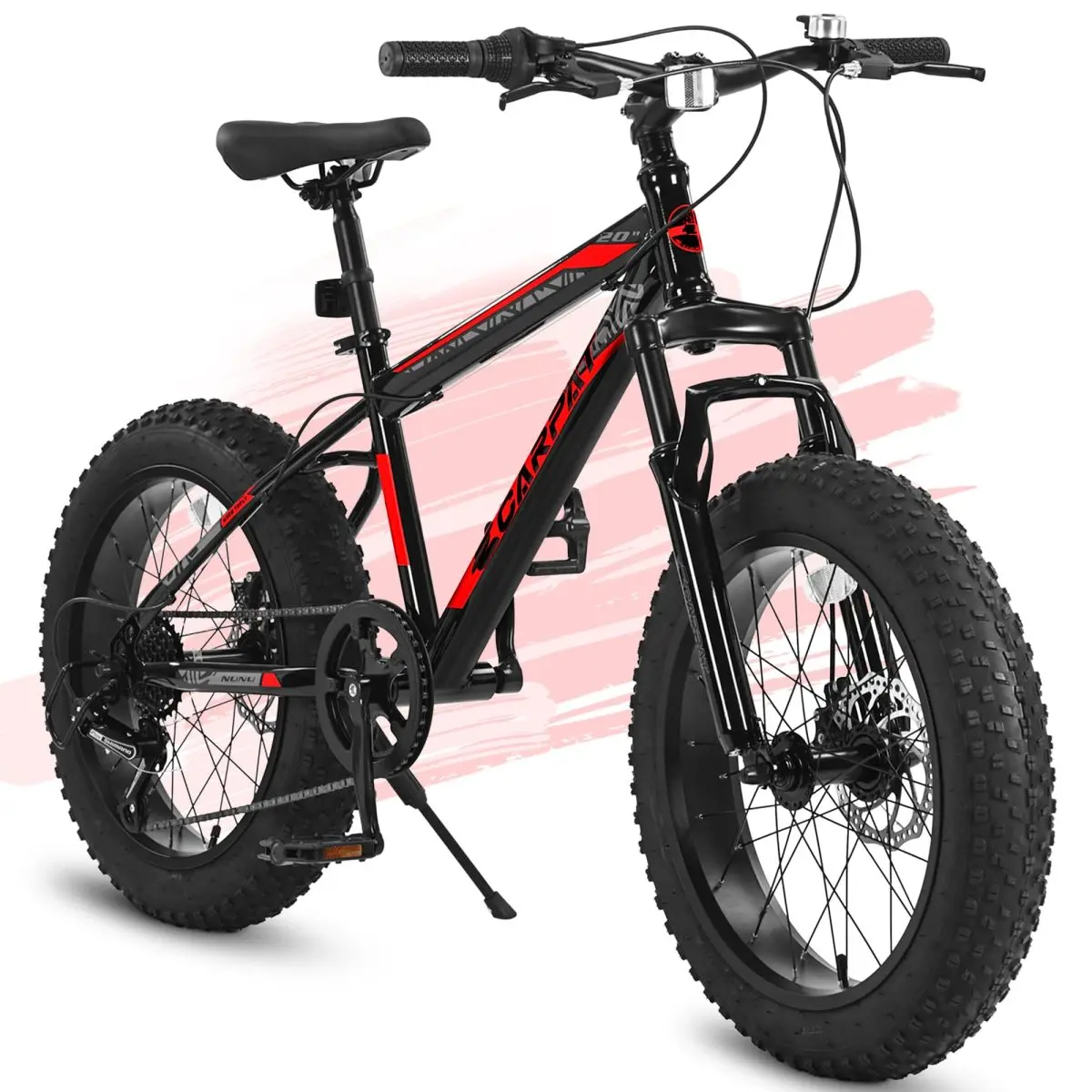 20 Inch Youth Mountain Bike with 14 Inch High Carbon Steel Frame, 7-Speed, Front Suspension, Dual Disc Brakes, Adjustable Seat & 4.0" Wide Tires for All-Season Off-Road Riding, 14 Inch Frame