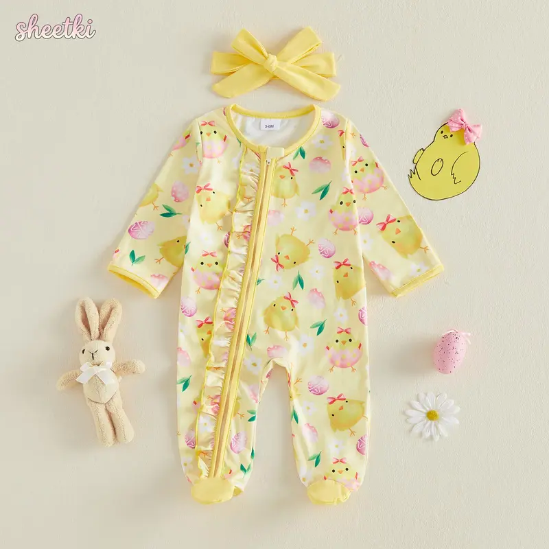 Newborn Baby Girl Easter Outfit Chick Egg Floral Long Sleeve Zip-up Footed Jumpsuit with Headband 2 Piece Spring Set