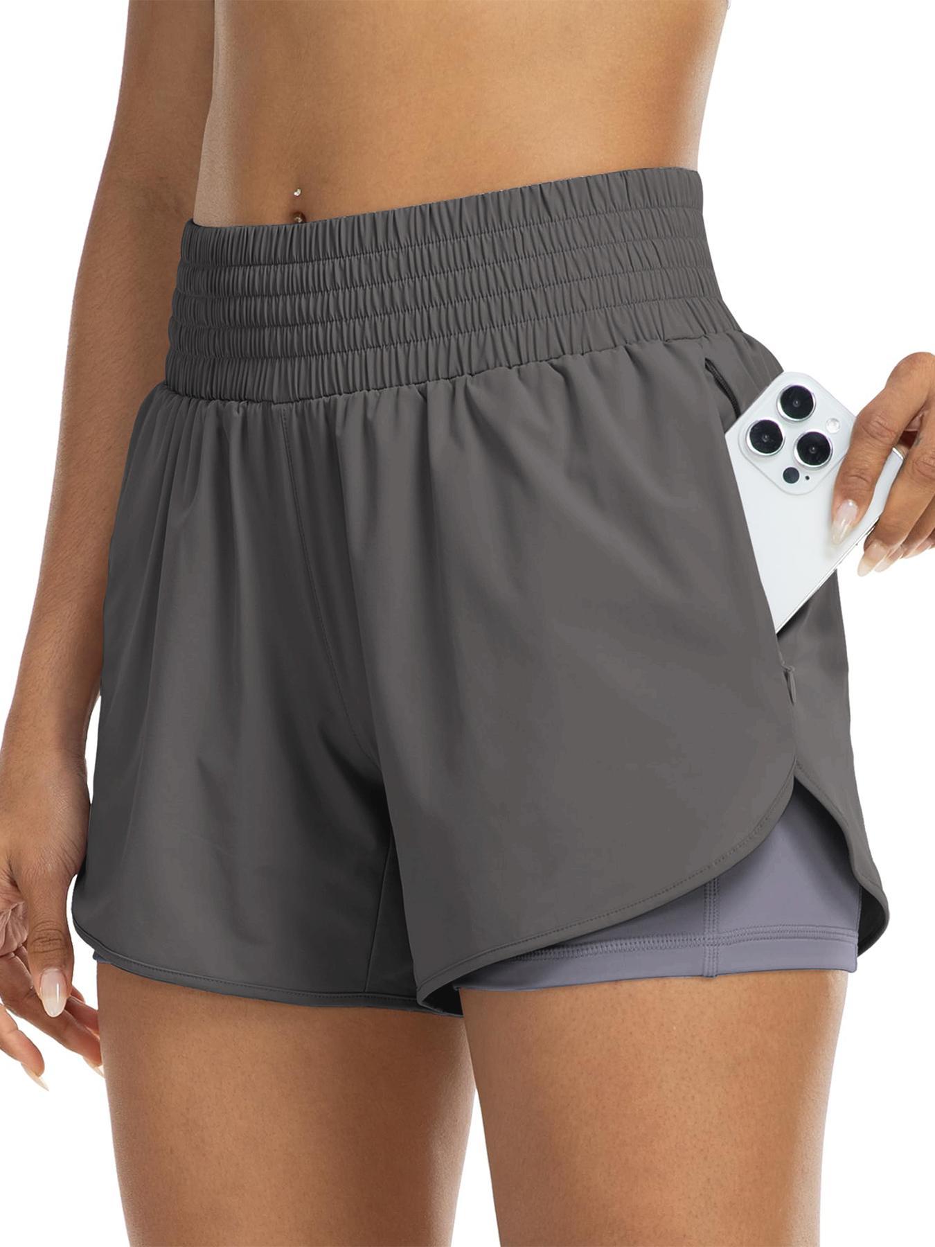 Women's Solid Color High Waist Double-Layer Shorts with Pocket Design, Casual Comfy Breathable Fitted Skinny Shorts for Daily Wear, Ladies' Bottoms for All Seasons