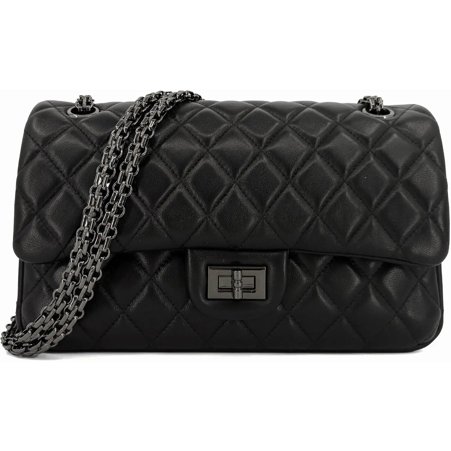 Genuine Lambskin Quilted Double Flap  Bag with Chain Strap | Adjustable double chain strap with black gunmetal hardware for  or crossbody everyday wear